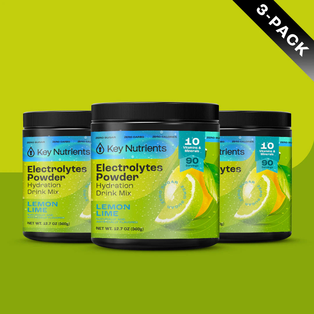Three jars of Electrolyte Recovery Plus (Sugar-Free) powder on a green background, labeled 3-Pack.