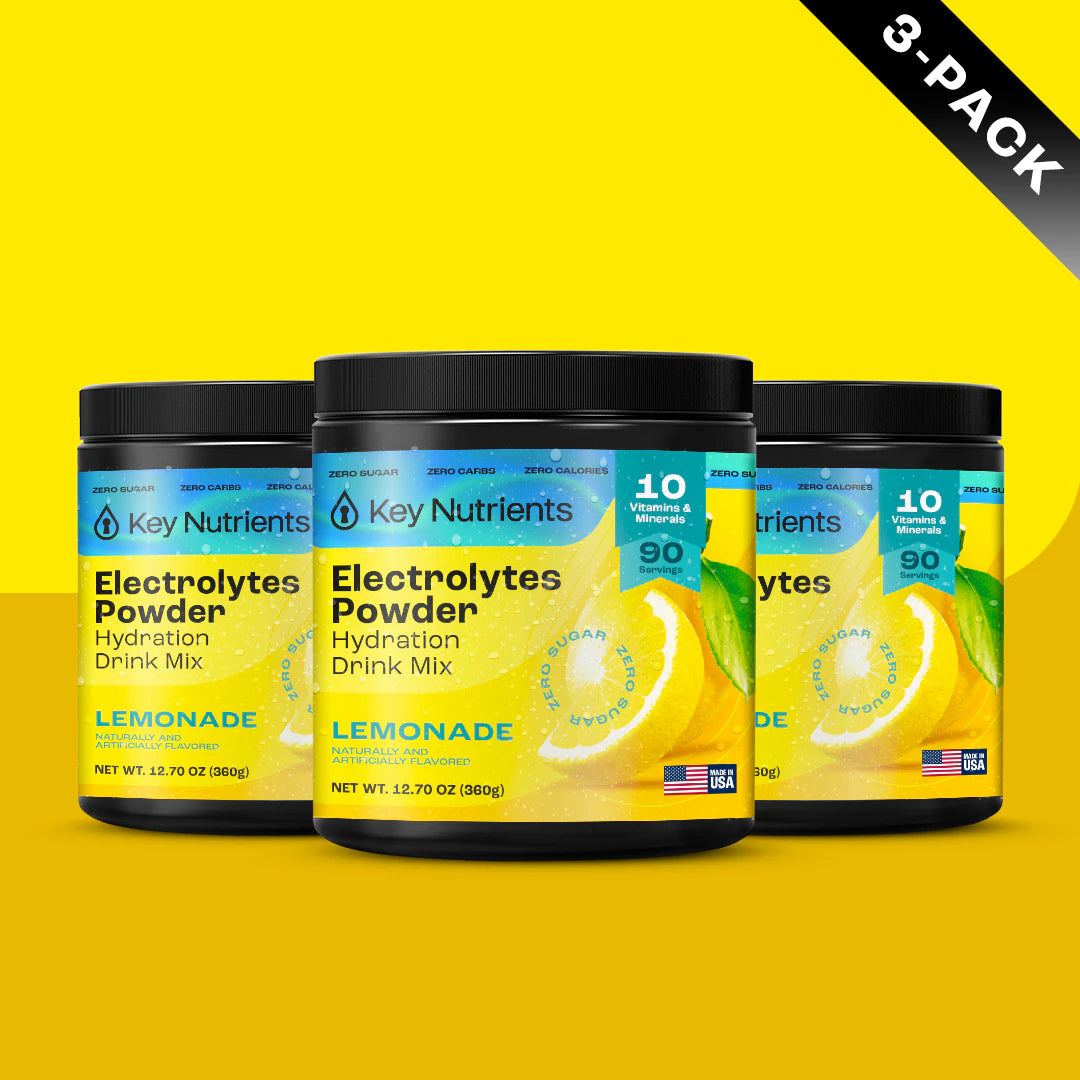Three Electrolyte Recovery Plus Powder containers (Sugar-Free) on a yellow background, labeled 3-pack.