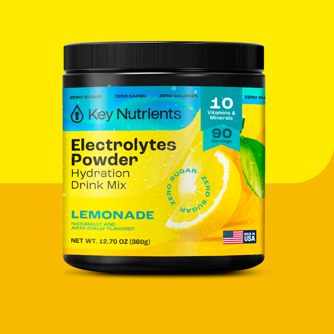 Yellow Electrolyte Recovery Plus Powder (Sugar-Free) container on a matching yellow background.