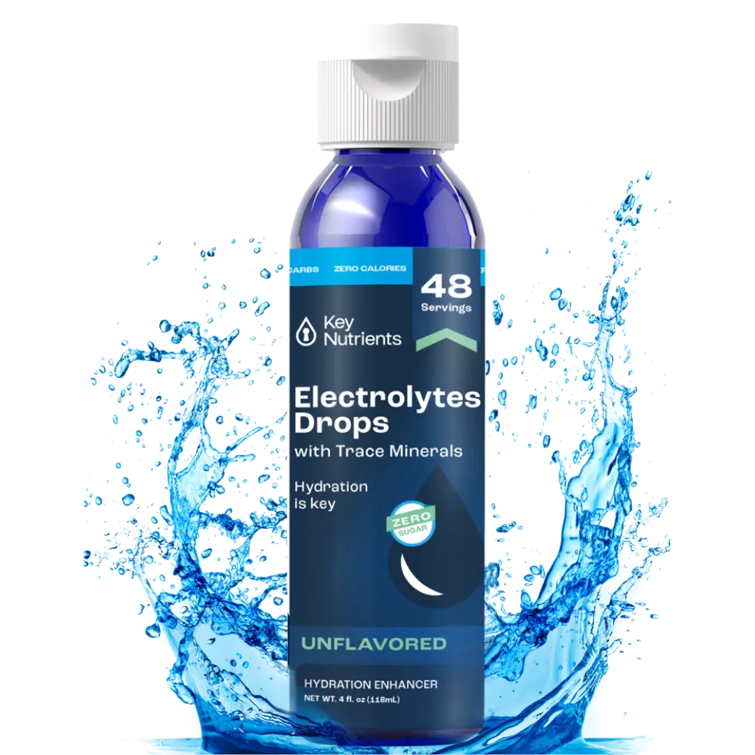 A blue bottle of Unflavored Liquid Electrolyte Drops with a splash of water behind it. Text reads "Hydration is key.
