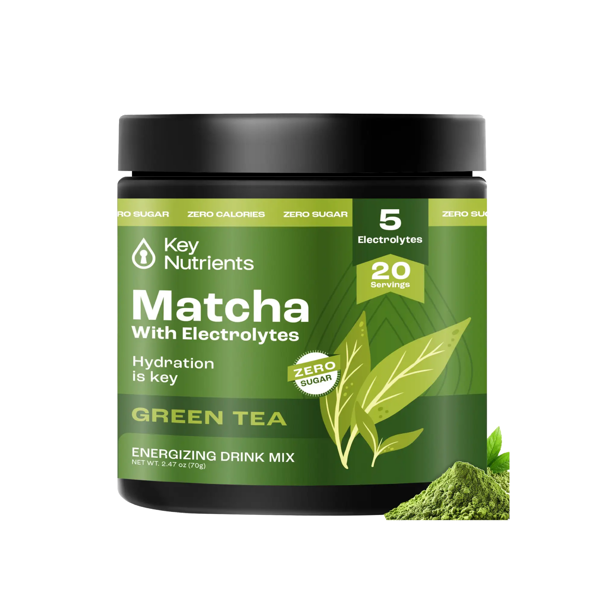 Enjoy a refreshing boost with our Matcha Powder with Electrolytes. This zero-sugar green tea matcha powder container offers 20 servings, perfect for staying hydrated.