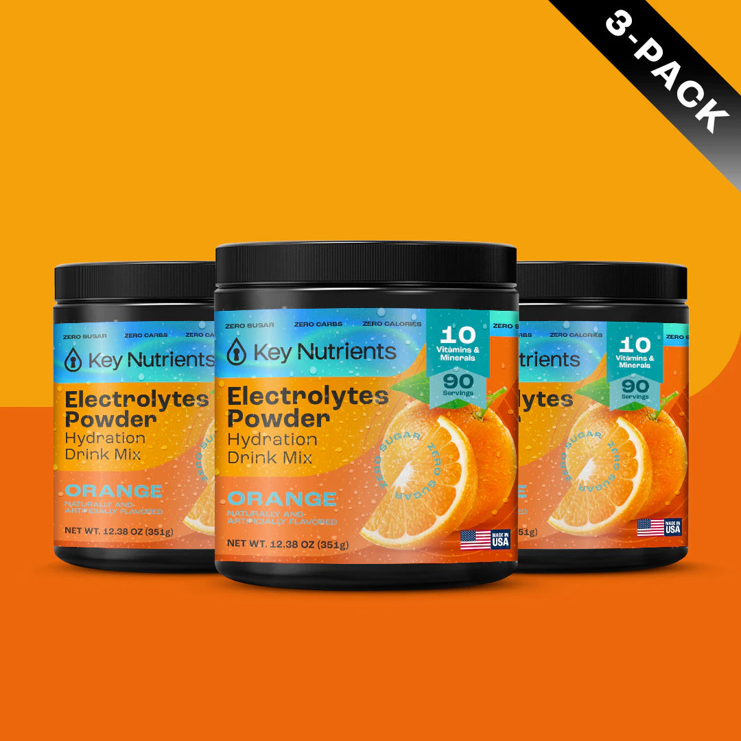 Three tubs of Sugar-Free Electrolyte Recovery Plus Powder set against an orange gradient background.