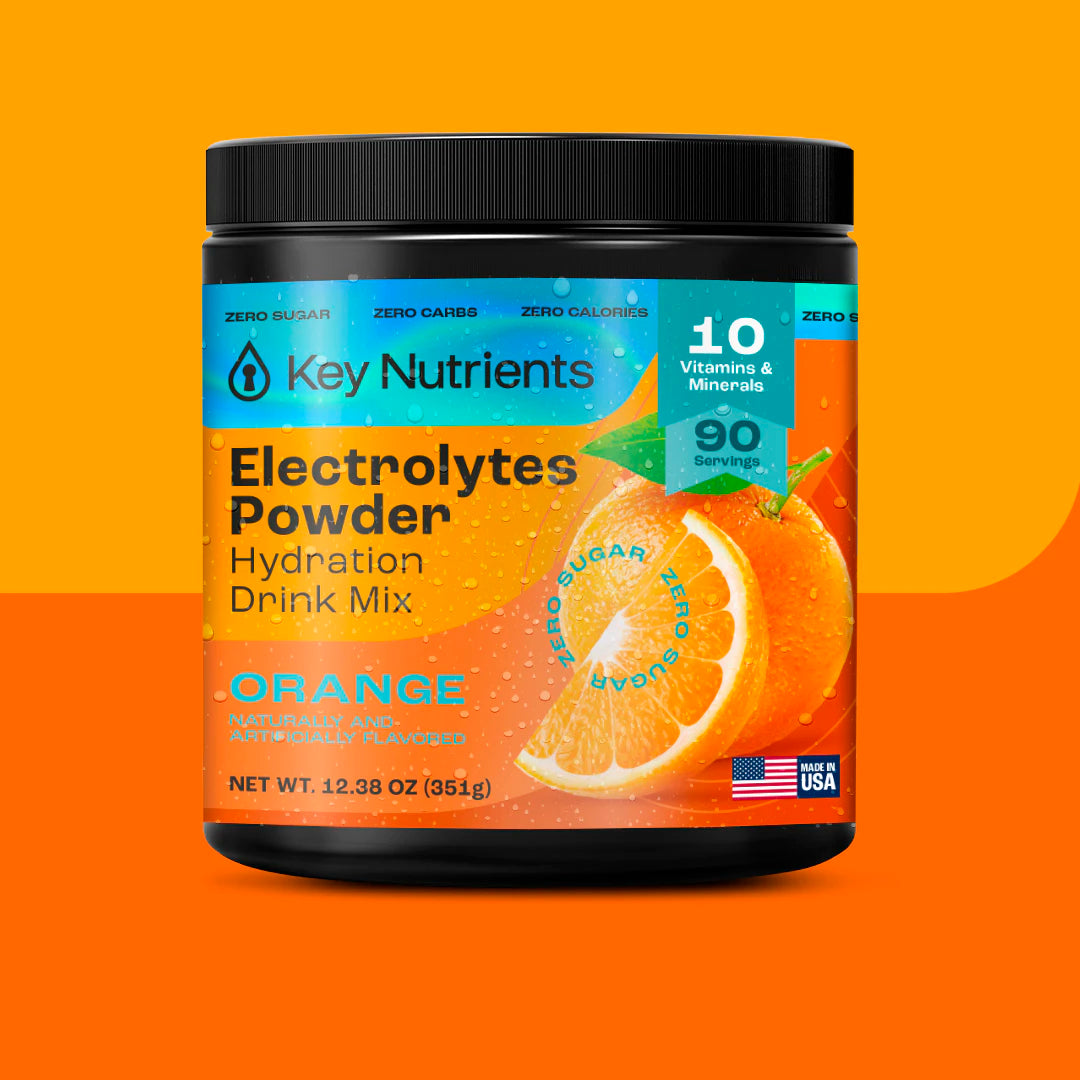 A jar of Electrolyte Recovery Plus Powder (Sugar-Free) against an orange background.