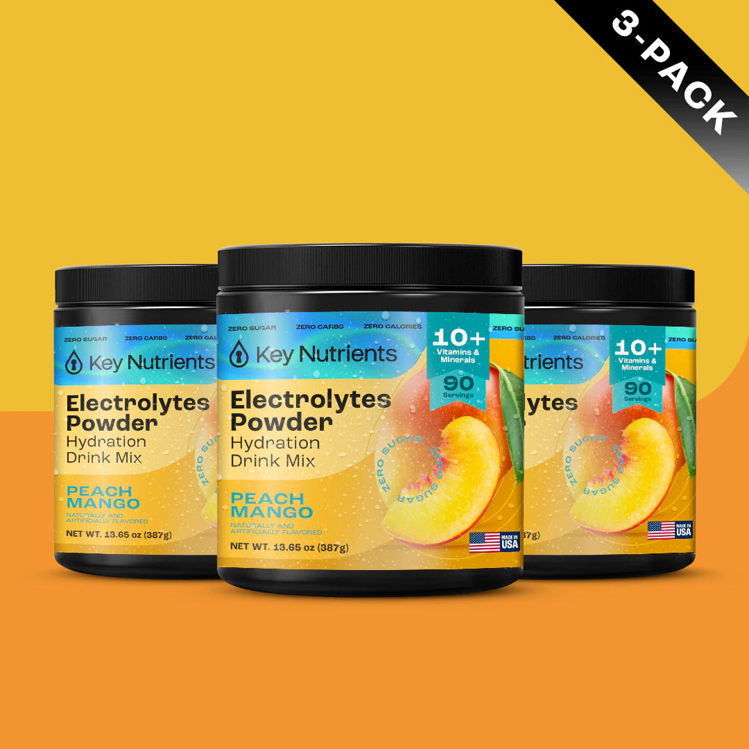 Three jars of Electrolyte Recovery Plus Powder (Sugar-Free), Peach Mango flavor, on an orange background.