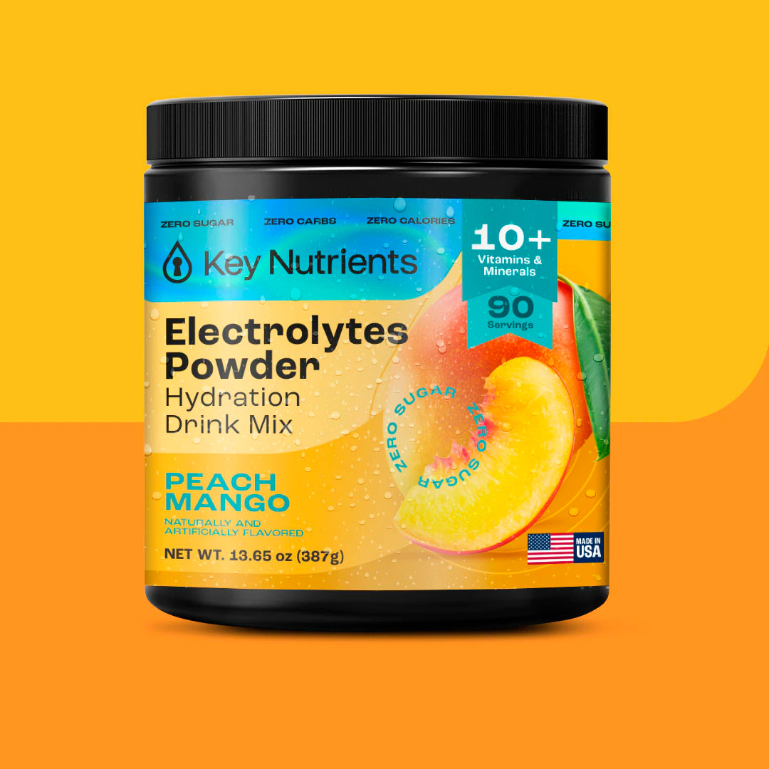 Hydration Drink: Electrolyte Recovery Plus Powder (Sugar-Free), Peach Mango, set against a bright orange backdrop.