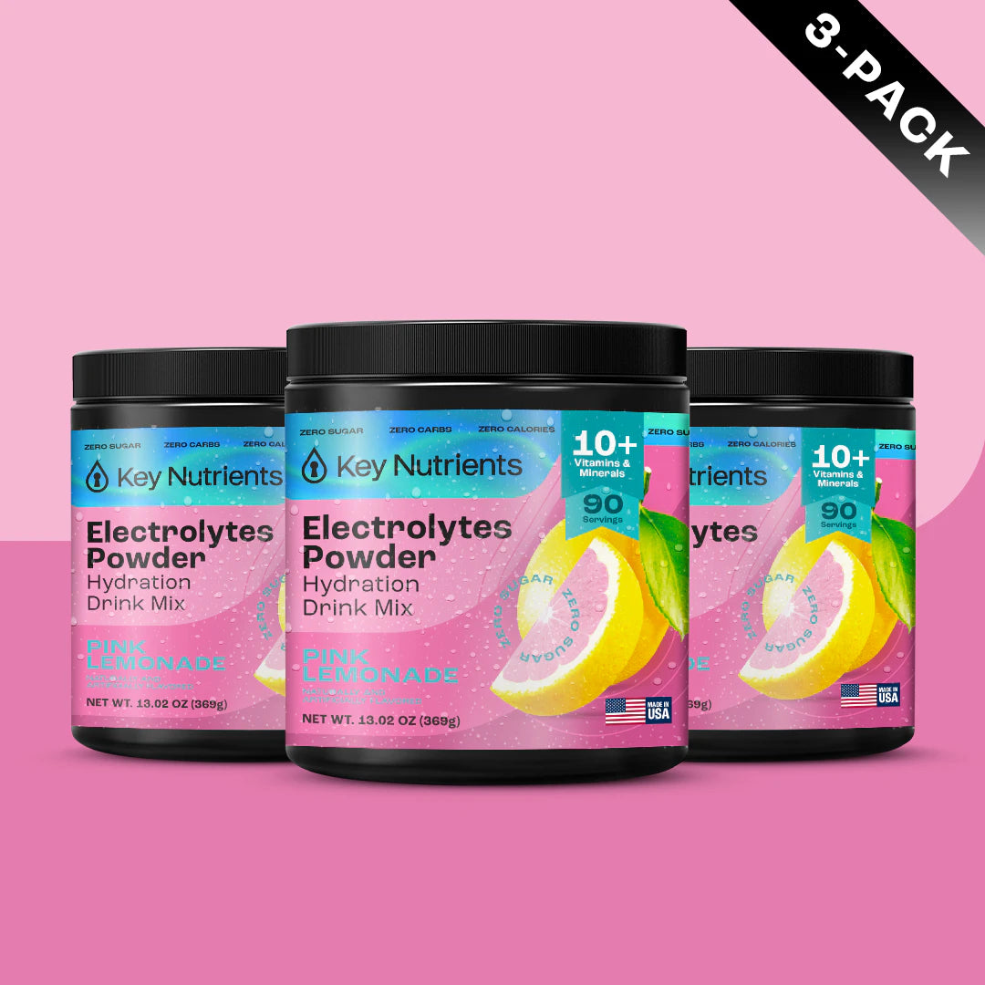 3 containers of Keto-friendly Electrolyte Recovery Plus Powder (Sugar-Free) on a pink background.