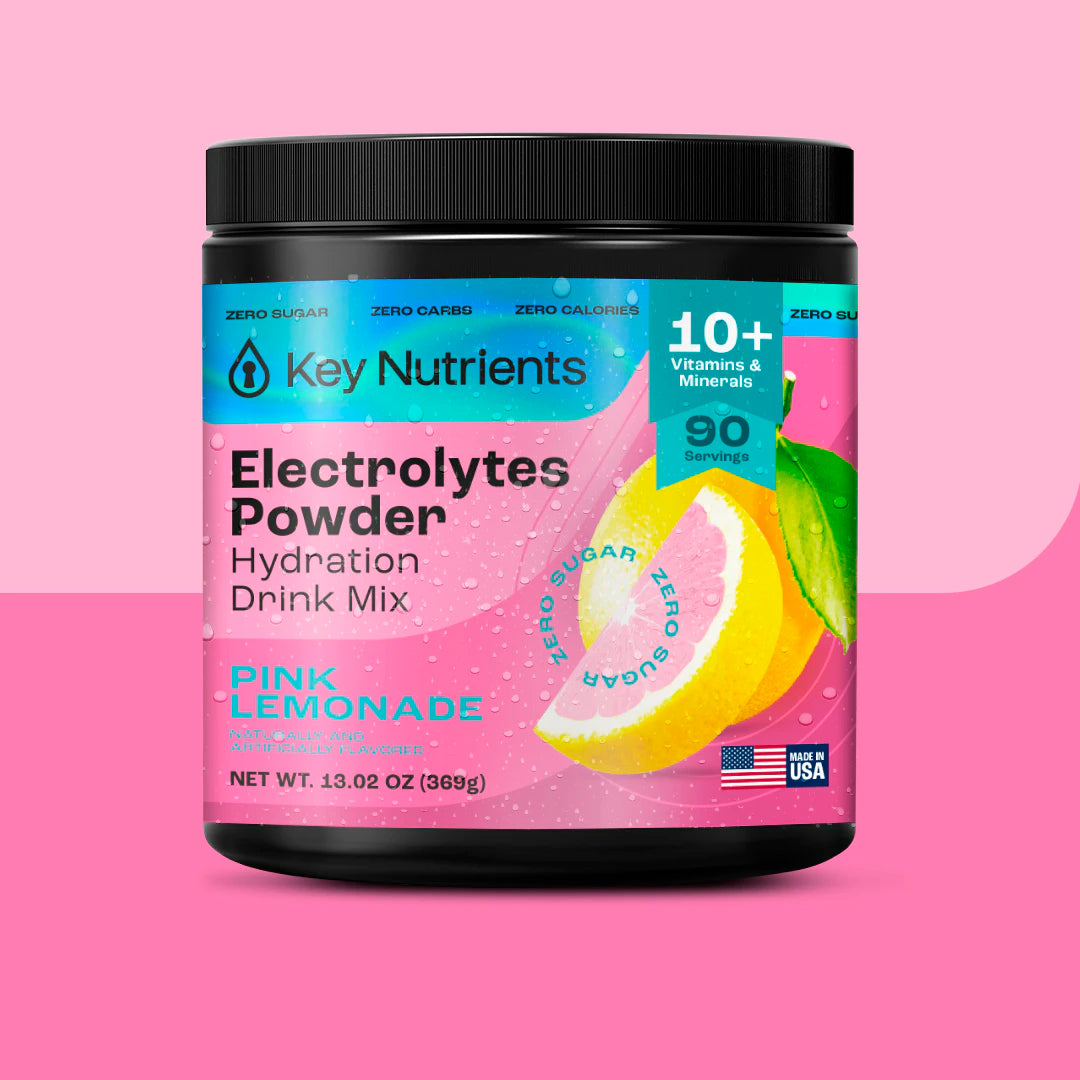Keto-friendly Electrolyte Recovery Plus Powder on a vibrant pink background.