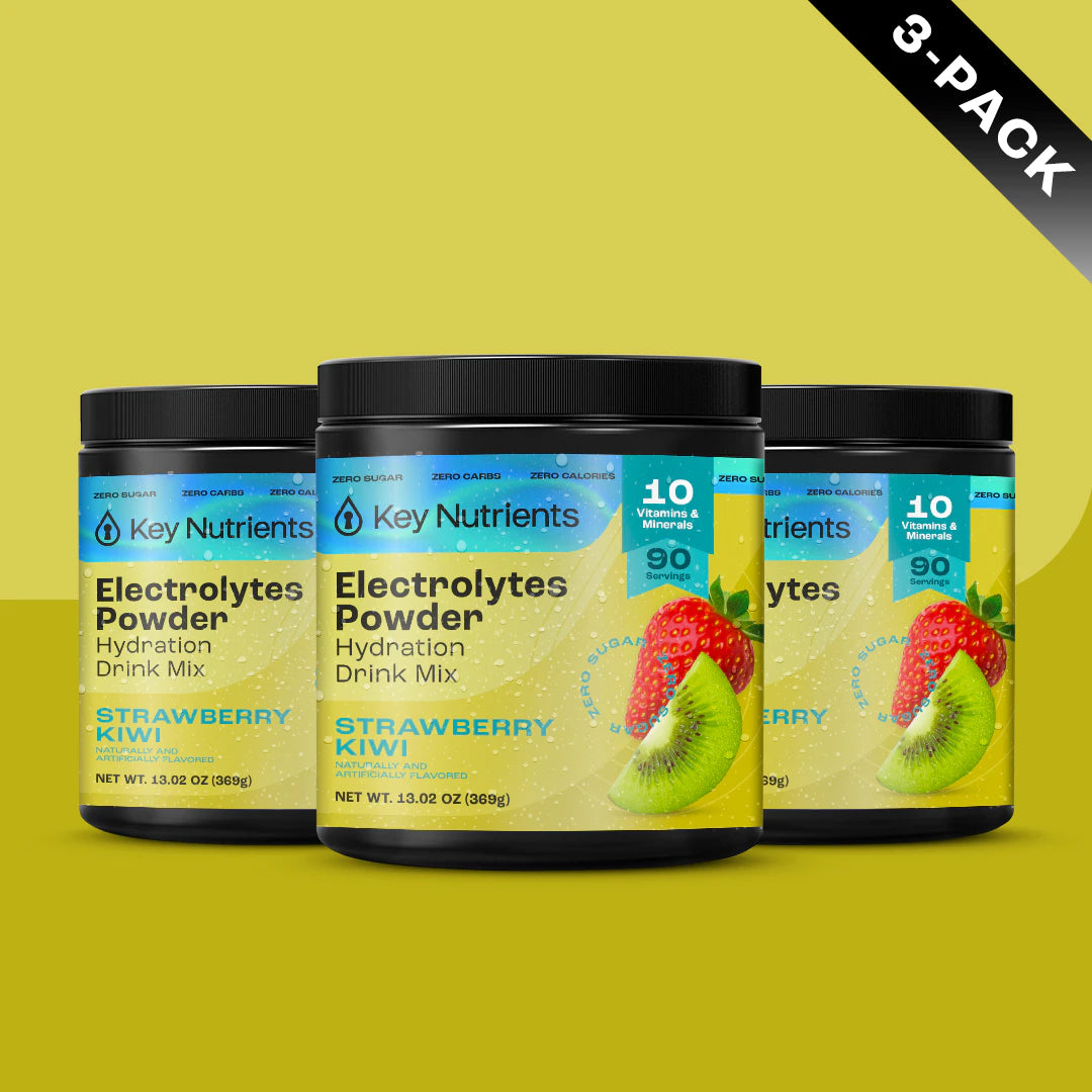 Three jars of Electrolyte Recovery Plus Powder (Sugar-Free), Strawberry Kiwi flavor, zero-calorie hydration.