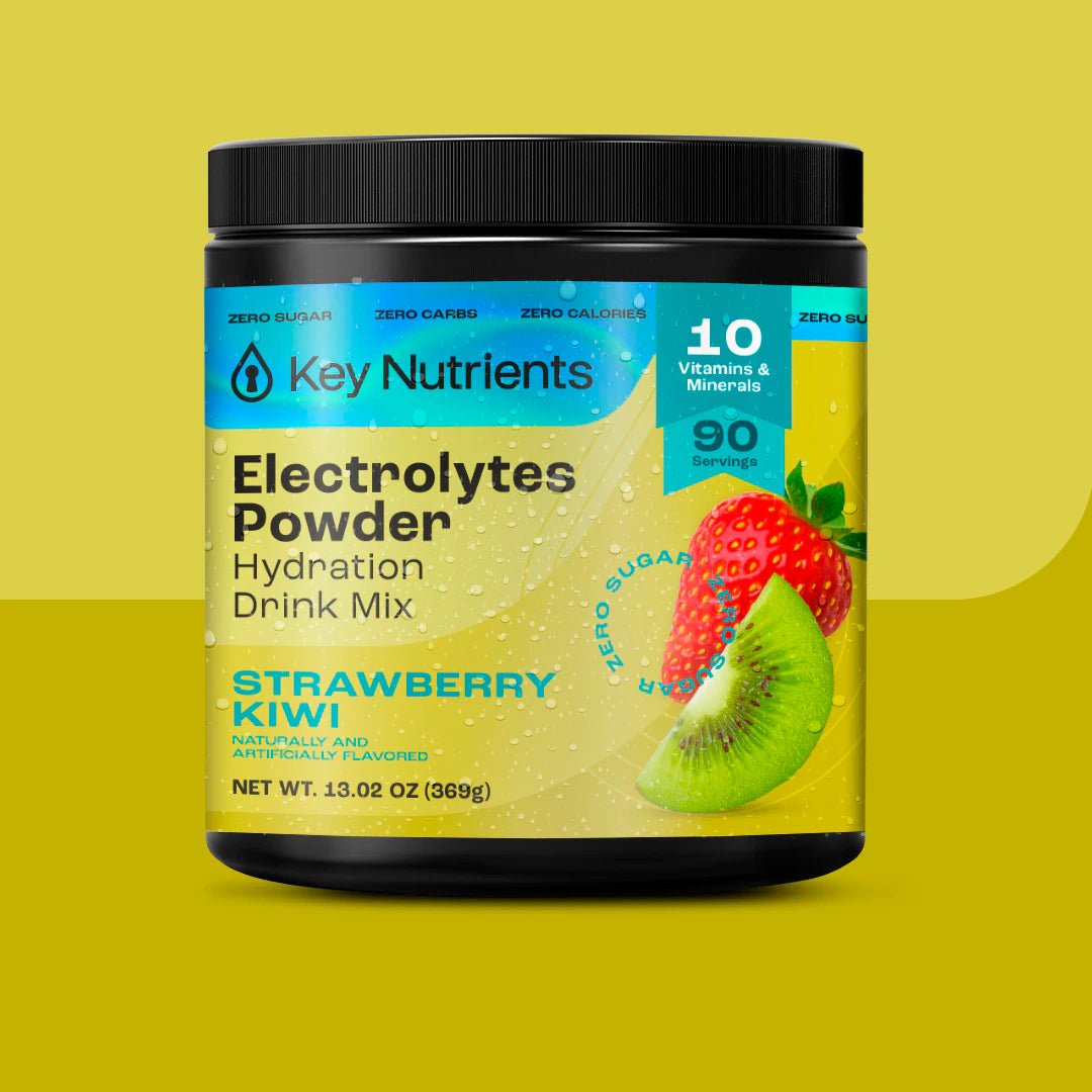 Electrolyte Recovery Plus, strawberry kiwi flavor, sugar-free, on a vibrant yellow background.