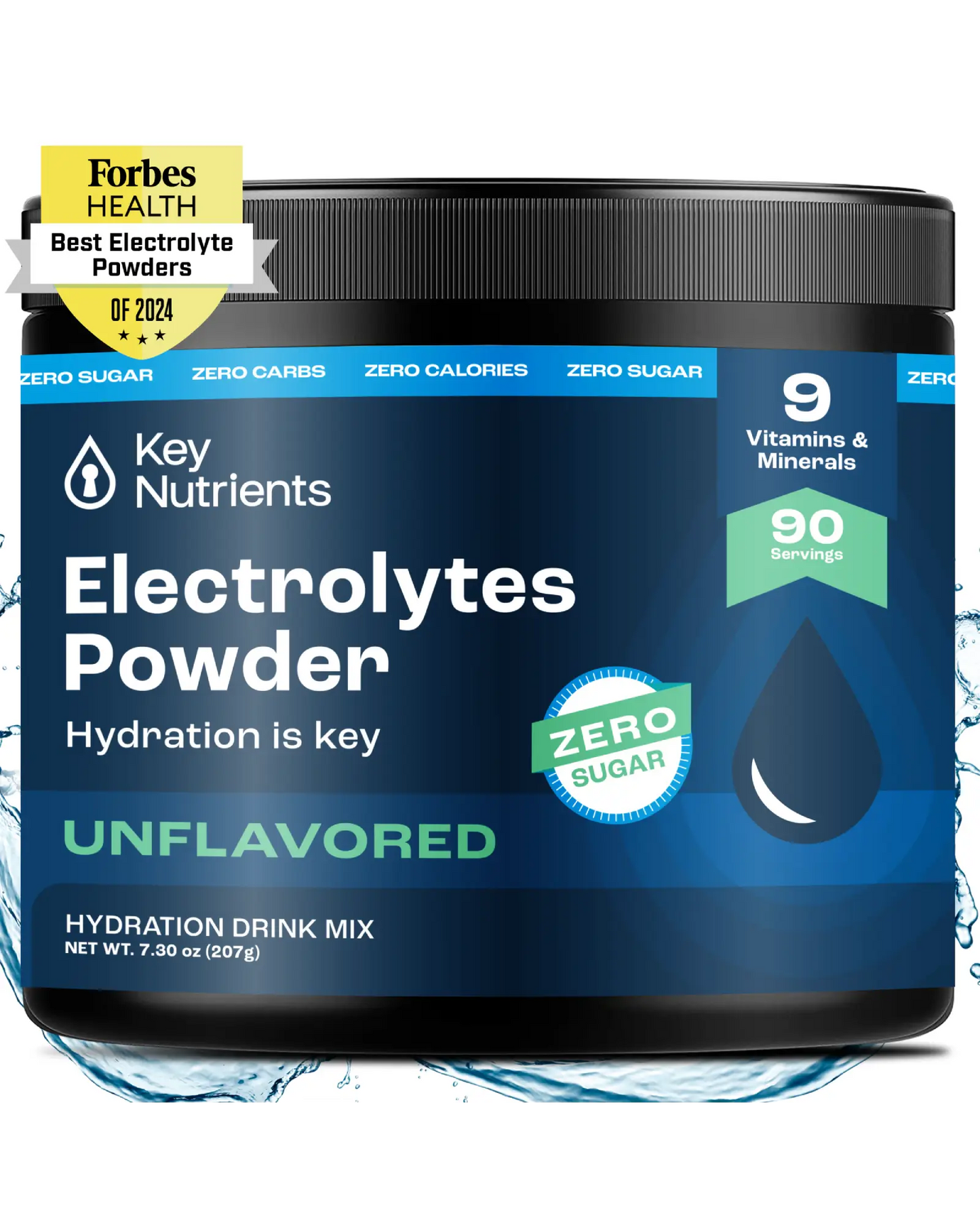 Electrolyte Recovery Plus Powder (Sugar-Free) features a sleek design with "Hydration is Key" text and a drop graphic on the front, effortlessly combining style and functionality. Ideal for keto diet enthusiasts in search of a hydration drink.