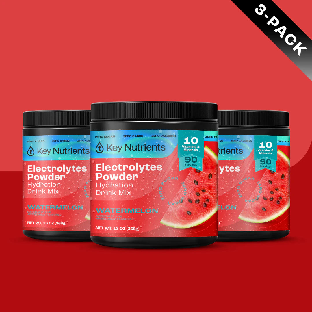 3-pack Electrolyte Recovery Plus Powder (Sugar-Free), watermelon, against a vibrant red background.