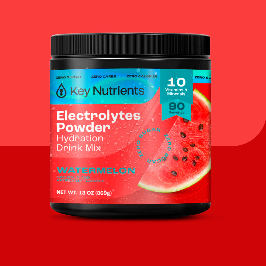 Red container of Electrolyte Recovery Plus Powder, a zero-calorie hydration drink with a watermelon theme.