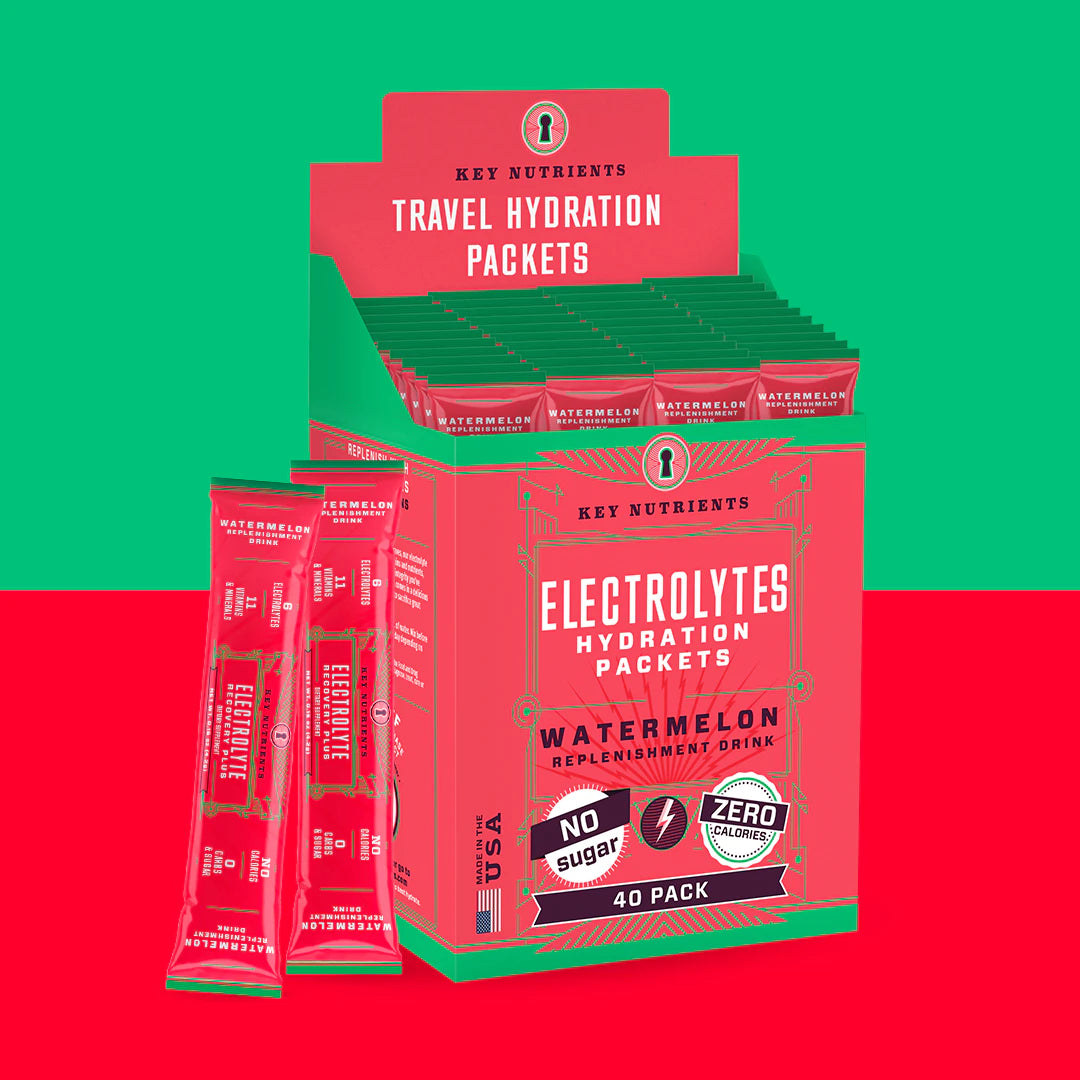 Box of Electrolyte Recovery Plus Powder (Sugar-Free), 40-count, showcased against a striking red and green background.