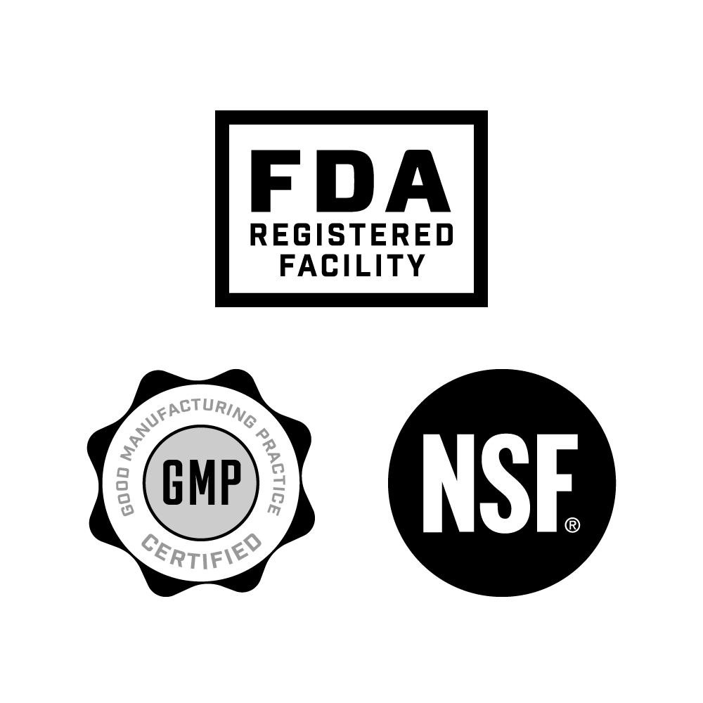 The Lights Out Sleep Aid carries three certification logos: FDA Registered Facility, GMP Certified, and NSF, guaranteeing the highest standards for products containing melatonin and GABA.