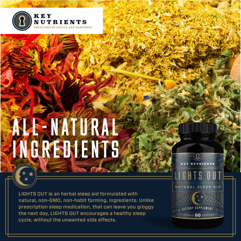 Introducing Key Nutrients' Lights Out Sleep Aid, a supplement crafted with all-natural ingredients such as GABA and melatonin, complemented by a blend of herbs.