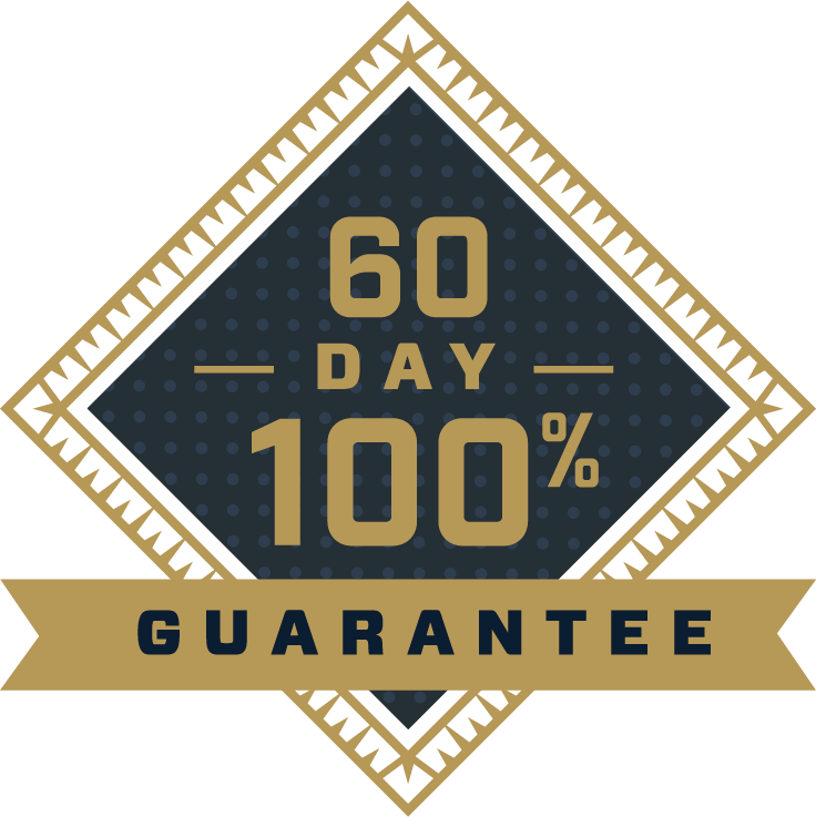 Gold and navy badge with text: 60 Day 100% Guarantee—your reassurance for a restful night's sleep, just like the dependable Lights Out Sleep Aid.