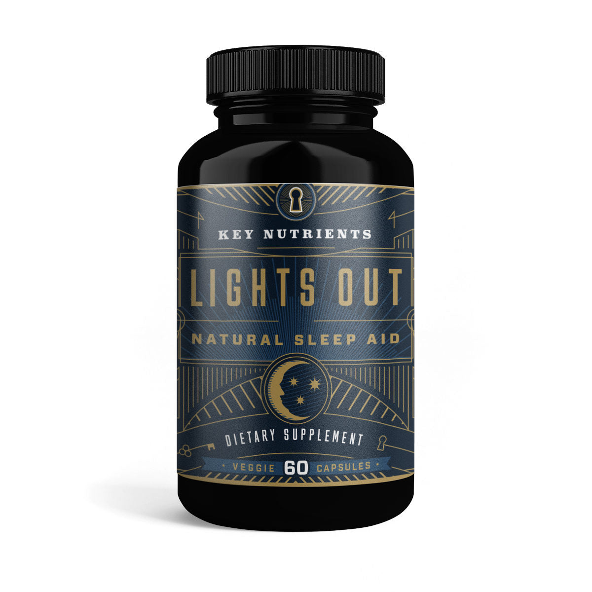 Black bottle of Key Nutrients' Lights Out Sleep Aid, containing 60 veggie capsules with melatonin for a restful night's sleep.
