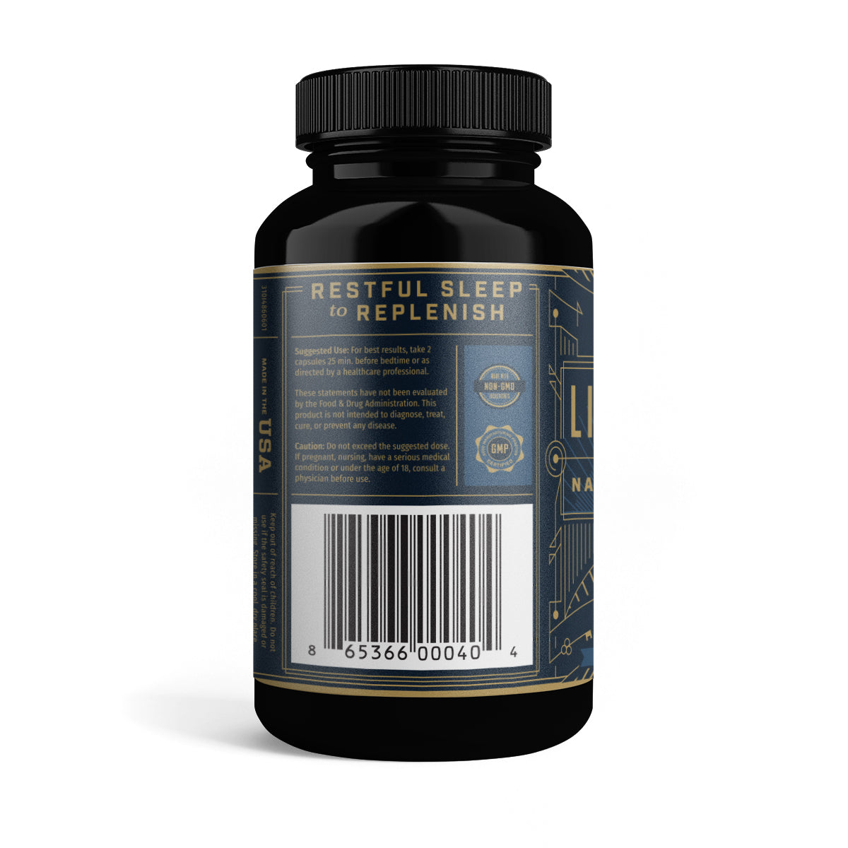 Lights Out Sleep Aid comes in a dark bottle labeled for restful sleep, featuring a barcode and supplement information, and is enriched with melatonin to aid sleep naturally.