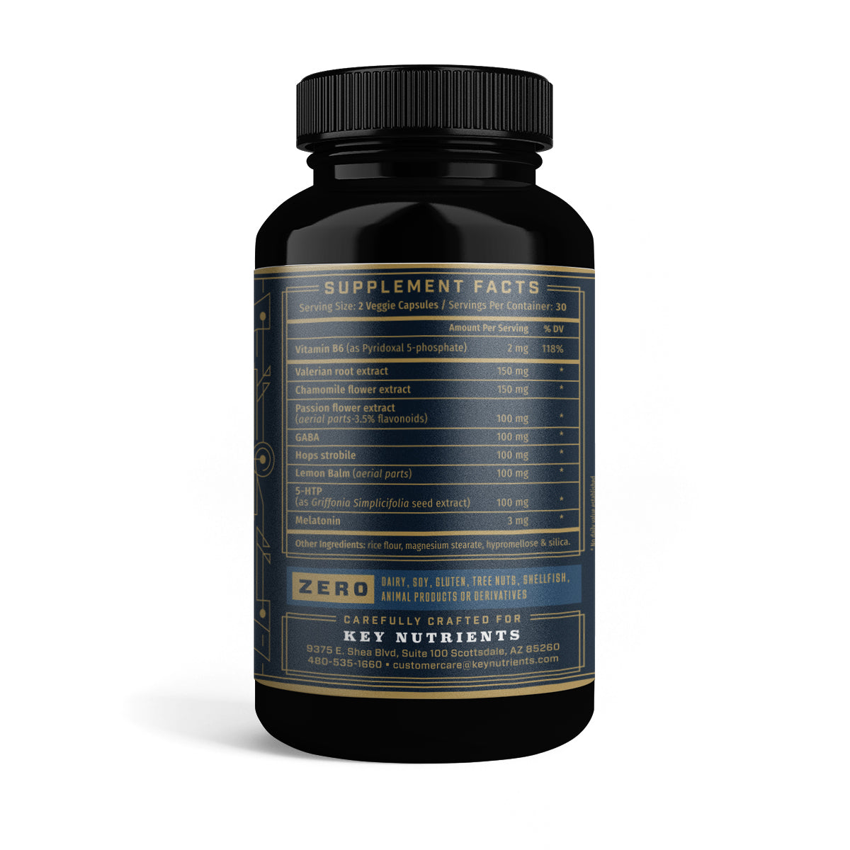 The Lights Out Sleep Aid is packaged in a black bottle with a gold label, highlighting the ingredients and contact details, with melatonin as the primary component for promoting restful sleep.