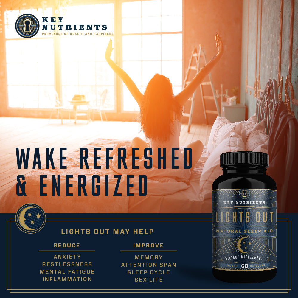 In an ad highlighting a person stretching in bed to illustrate the benefits of improved sleep and reduced anxiety, discover how our supplement, Lights Out Sleep Aid, featuring melatonin, can be the perfect addition to enhance your nightly rest routine.