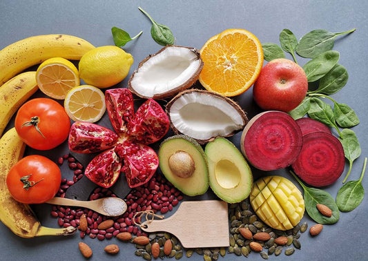 fresh fruits and vegetables on counter