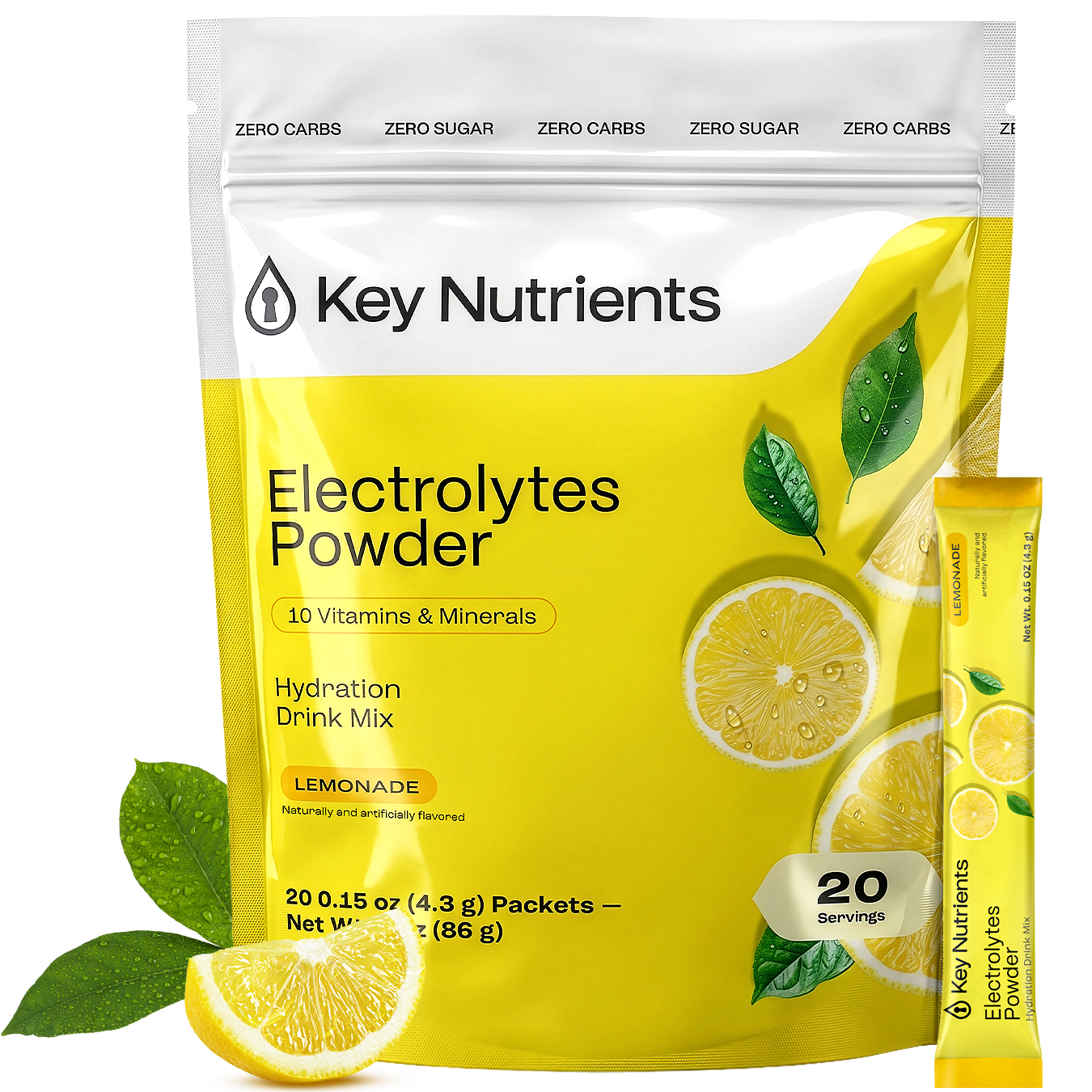 A pouch and stick pack of sugar-free Electrolyte Recovery Plus Powder Lemonade with lemon slices.