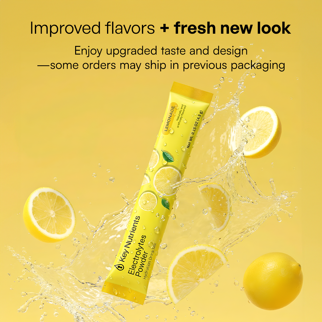 Yellow packet with splashing water and lemons promotes Electrolyte Recovery Plus Powder (Sugar-Free).