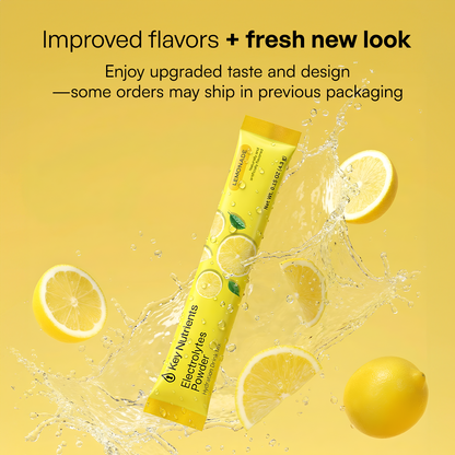 Yellow packet with splashing water and lemons promotes Electrolyte Recovery Plus Powder (Sugar-Free).