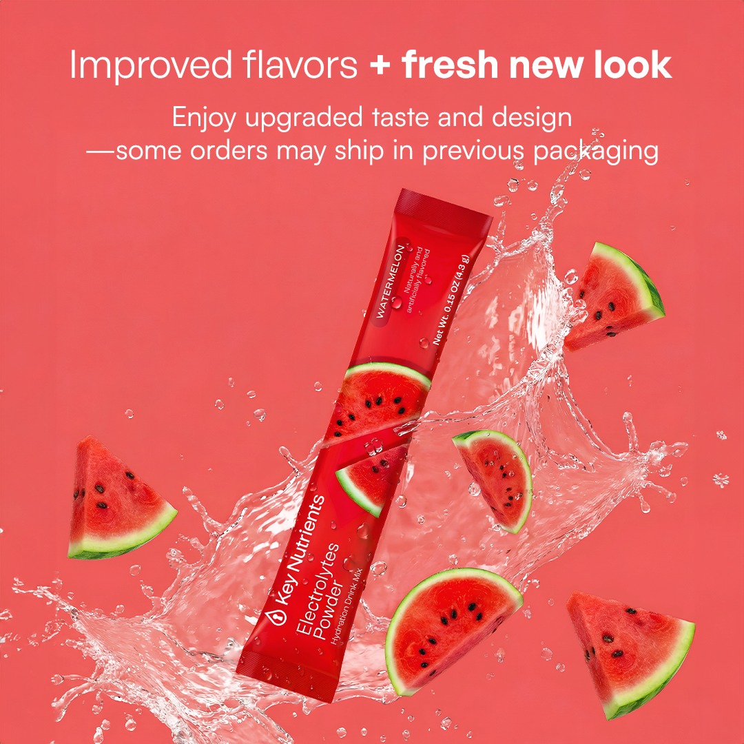 A sugar-free Electrolyte Recovery Plus Powder packet with watermelon on a vibrant pink background.