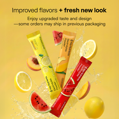 Electrolytes Powder Variety Pack: three colorful sticks with lemons & watermelons for fresh hydration.