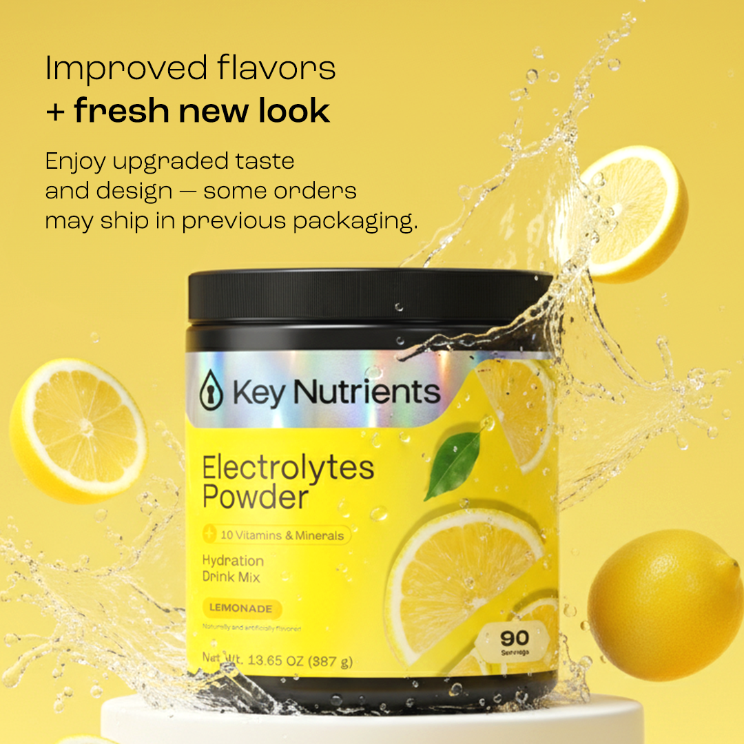A jar of Electrolyte Recovery Plus Powder (Sugar-Free) with lemons and water splashes on yellow.