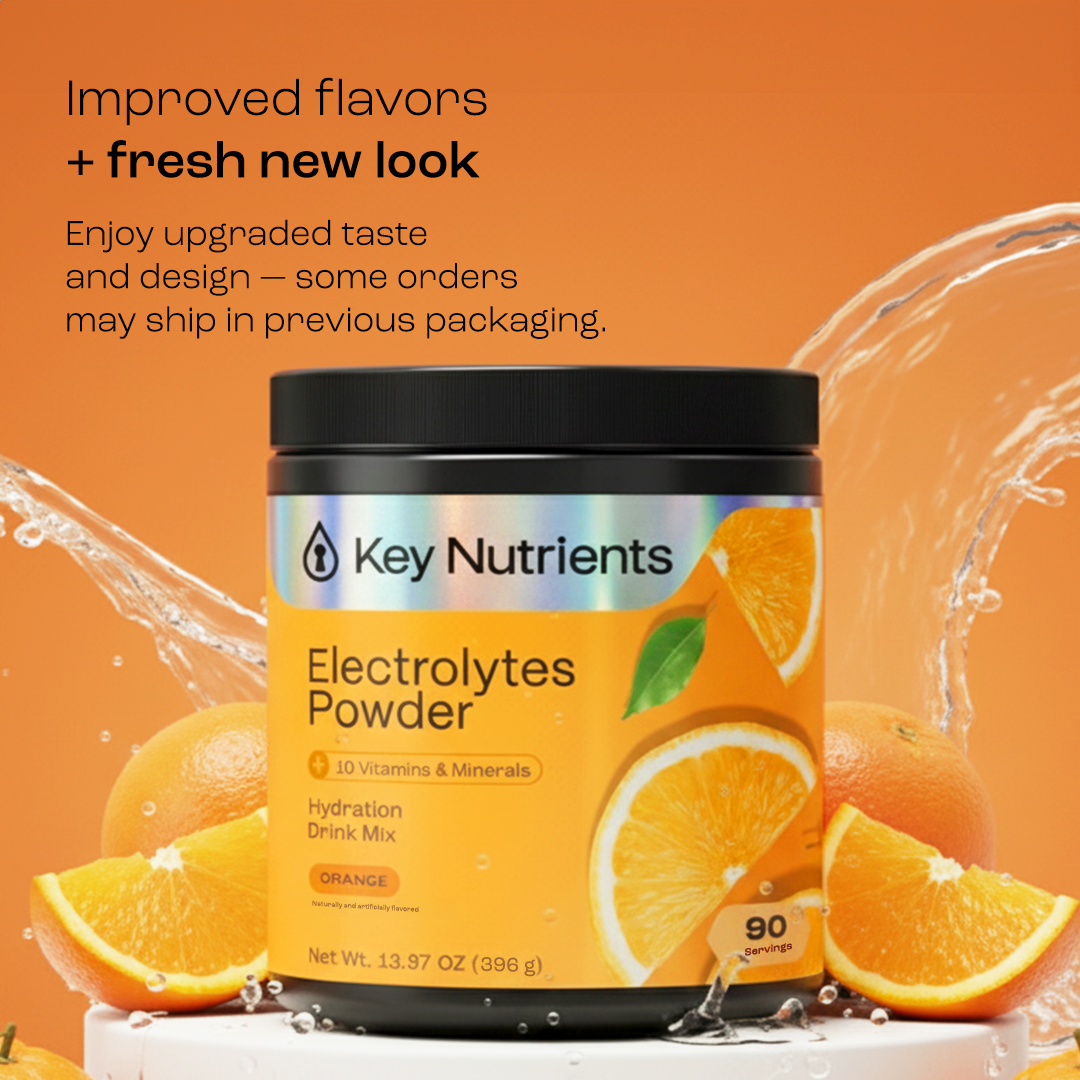 Electrolyte Recovery Plus Powder (Sugar-Free) with oranges and water splashes on an orange background.