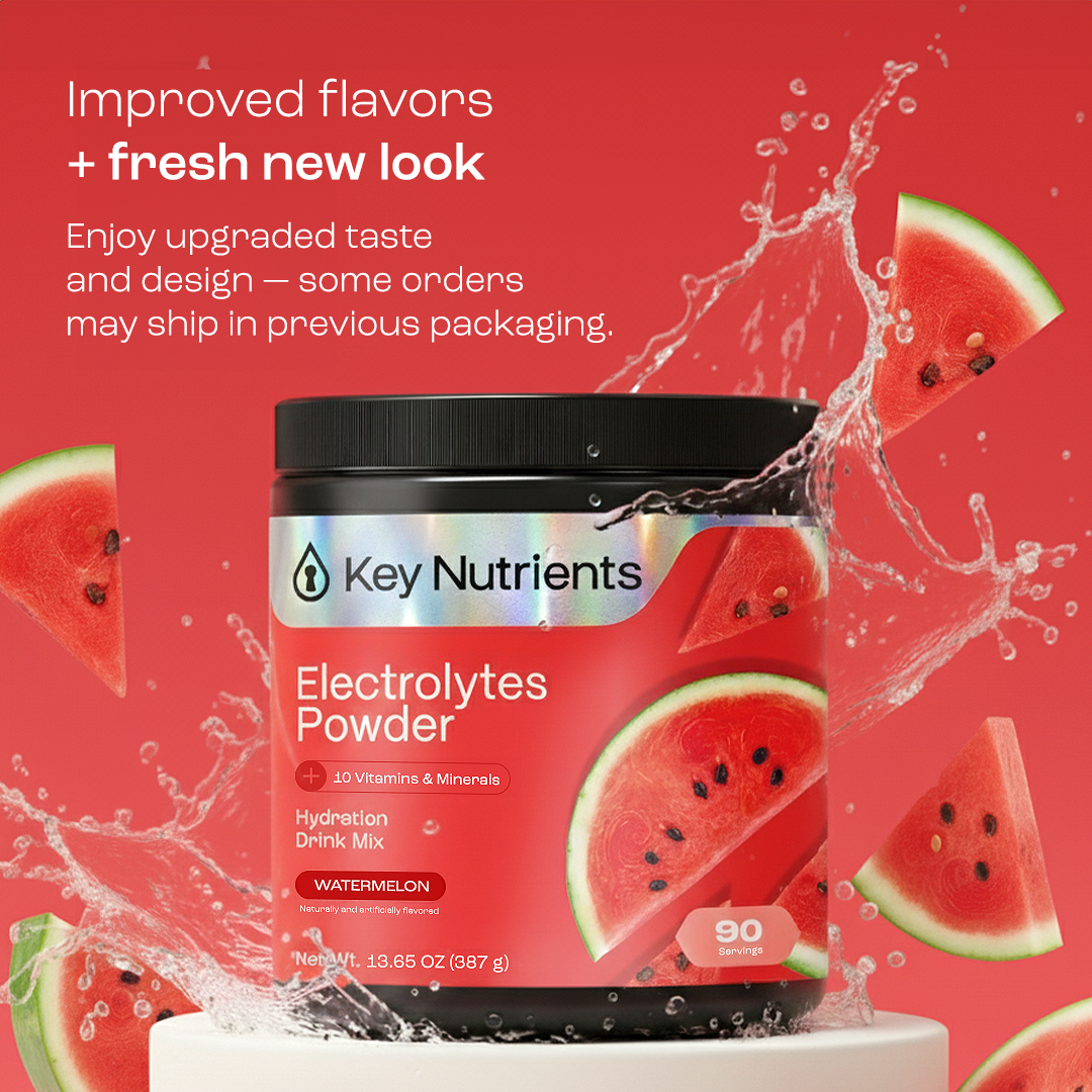 Electrolyte Recovery Plus Powder (Sugar-Free) with watermelon slices for a refreshing hydration drink.