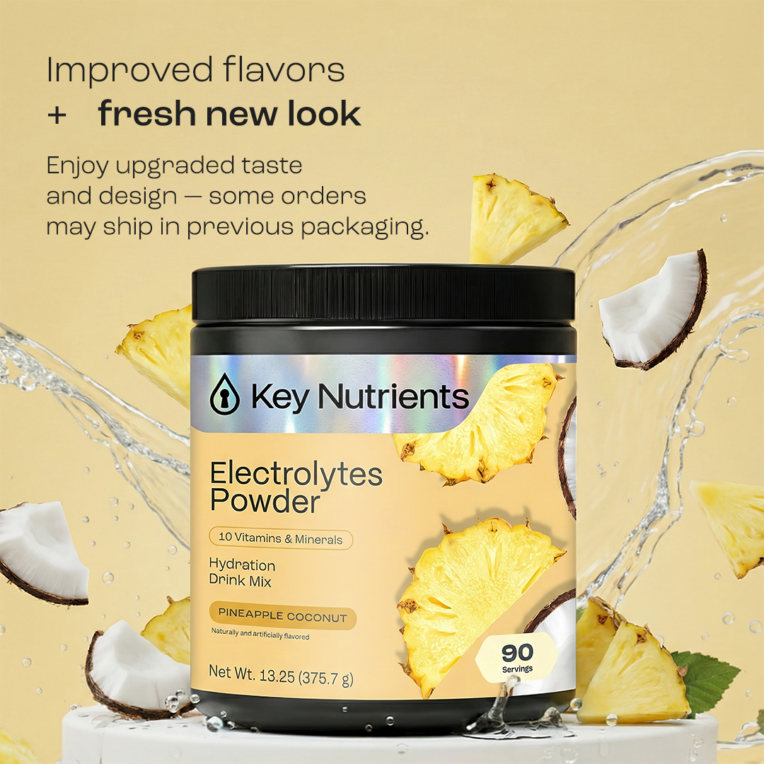 Electrolyte Recovery Plus Powder (Sugar-Free) with pineapple and coconut slices around the container.