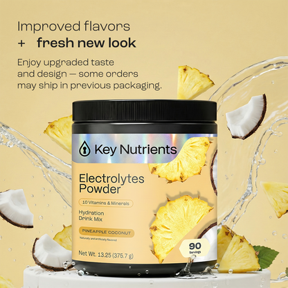 Electrolyte Recovery Plus Powder (Sugar-Free) with pineapple and coconut slices around the container.