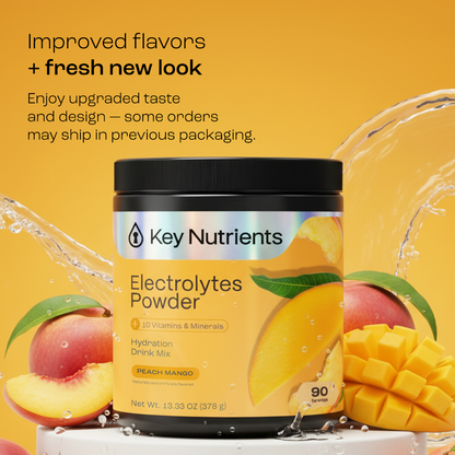 A container of Electrolyte Recovery Plus Powder (Sugar-Free), with peaches, mango, and water splashes.
