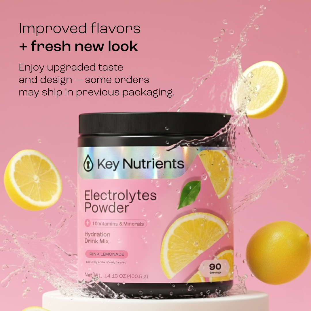 Electrolyte Recovery Plus Powder (Sugar-Free) with water splash and lemon slices for hydration.
