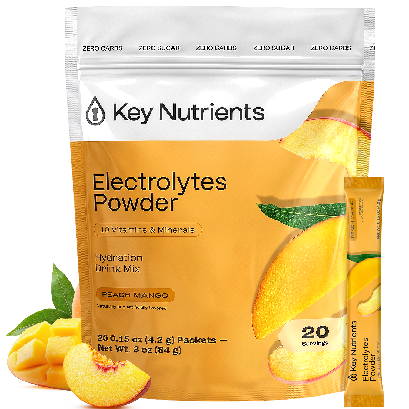 Electrolyte Recovery Plus Powder (Sugar-Free) Peach Mango, a hydration drink with fruit images.