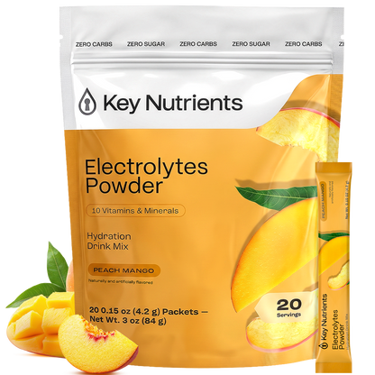 Electrolyte Recovery Plus Powder (Sugar-Free) Peach Mango, a hydration drink with fruit images.