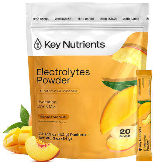 Electrolyte Recovery Plus Powder (Sugar-Free) Peach Mango, a hydration drink with fruit images.