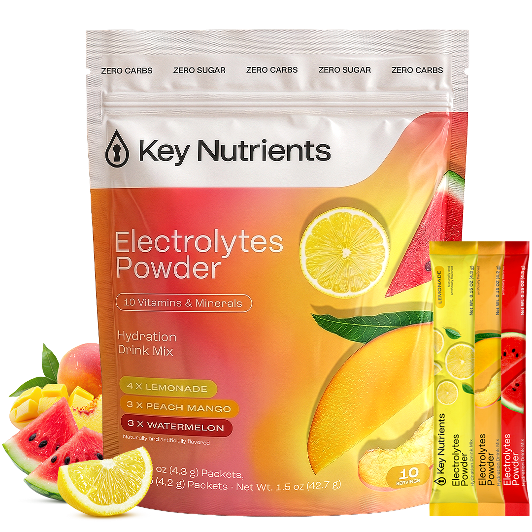 A bag of Electrolytes Powder Variety Pack with fruit images and two electrolyte sticks.