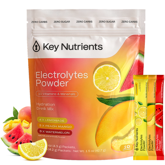 A bag of Electrolytes Powder Variety Pack with fruit images and two electrolyte sticks.