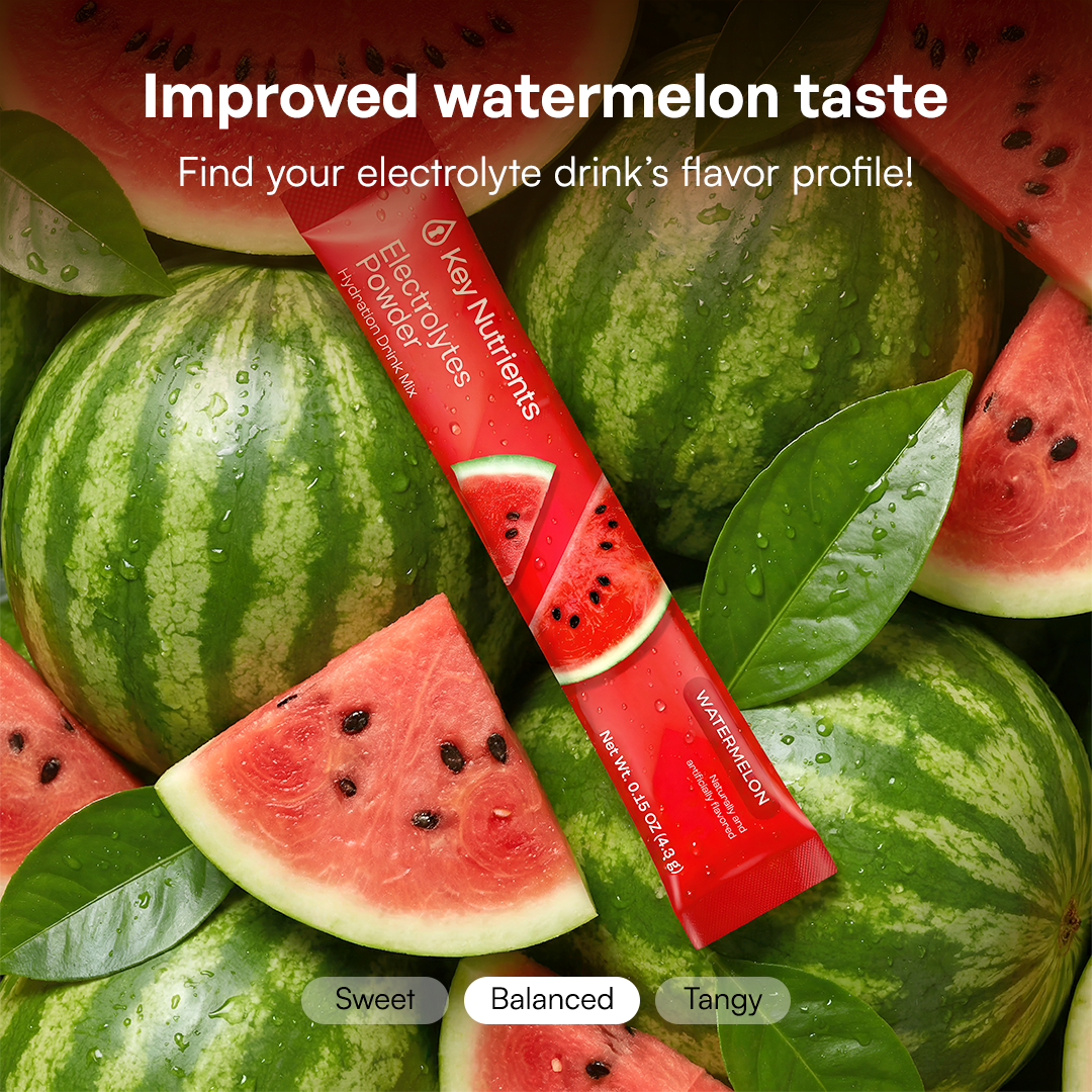 Whole and sliced watermelons with a packet of Electrolyte Recovery Plus Powder (Sugar-Free), Watermelon.