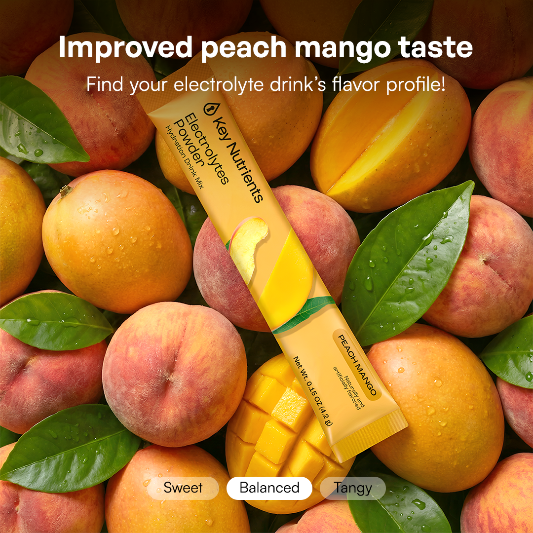Electrolyte Recovery Plus Powder (Sugar-Free) packet on fresh mangoes and leaves, flavor notes below.