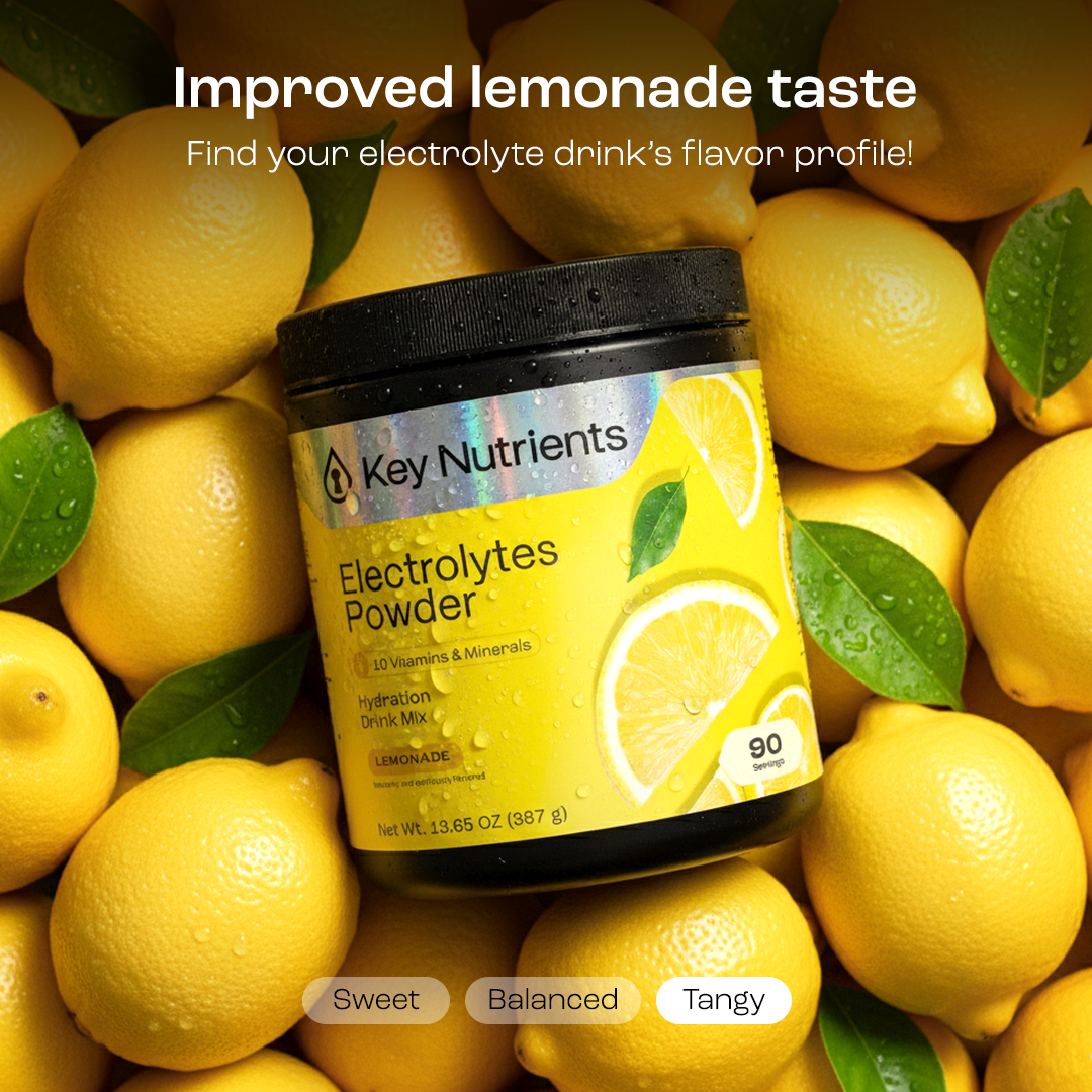 A jar of Electrolyte Recovery Plus Powder (Sugar-Free) sits among fresh lemons and green leaves.