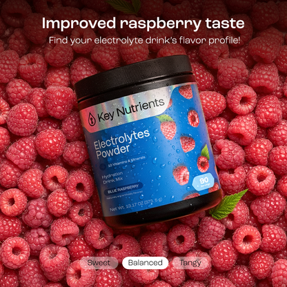 A jar of Electrolyte Recovery Plus Powder (Sugar-Free) on a bed of fresh raspberries.