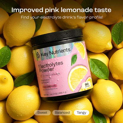A jar of Electrolyte Recovery Plus Powder (Sugar-Free) sits on fresh lemons, highlighting pink lemonade.