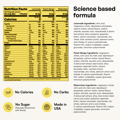 Electrolytes Powder Variety Pack: nutrition facts and ingredients for lemonade, peach mango, zero sugar.