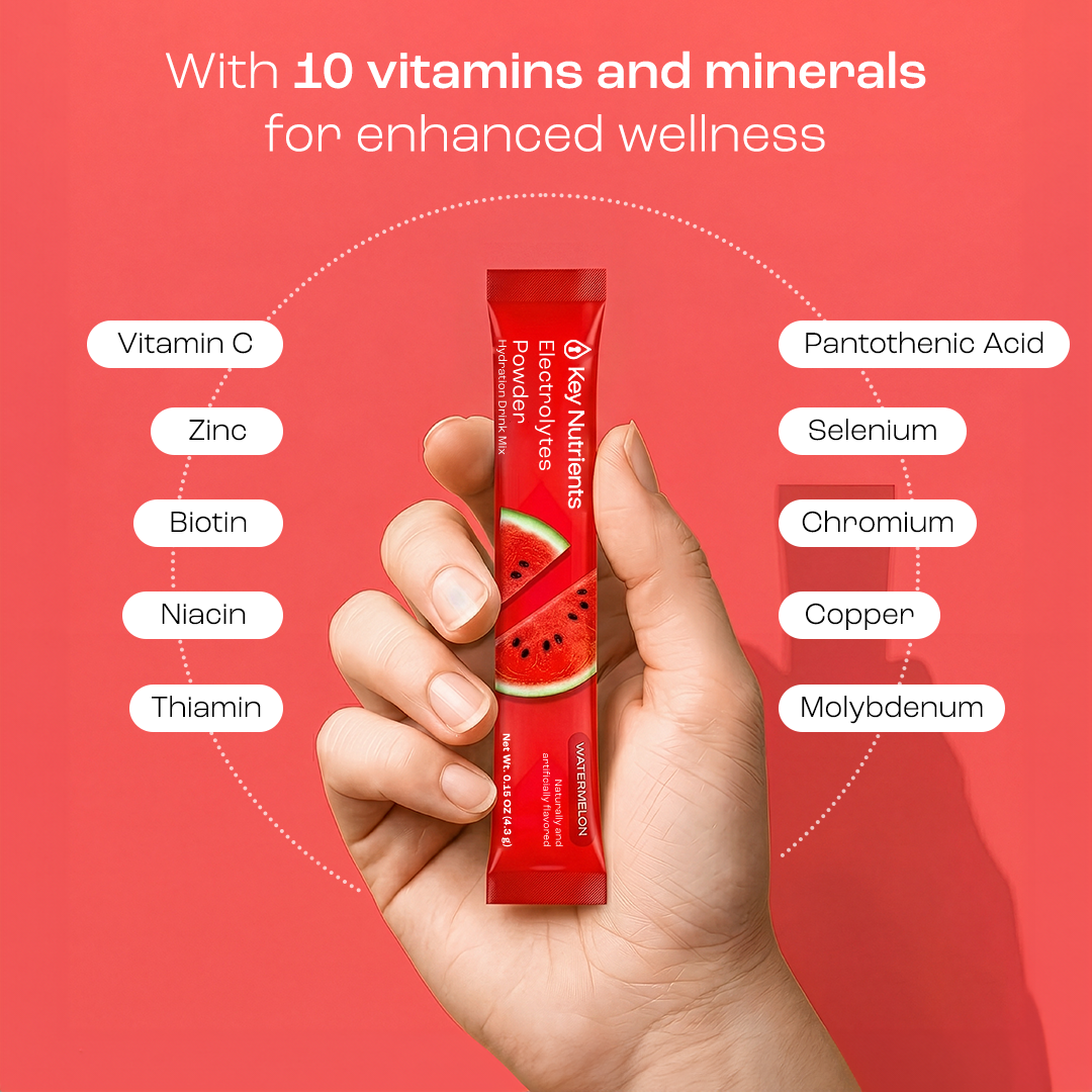 A hand holds Electrolyte Recovery Plus Powder (Sugar-Free) with 10 vitamins on a pink background.