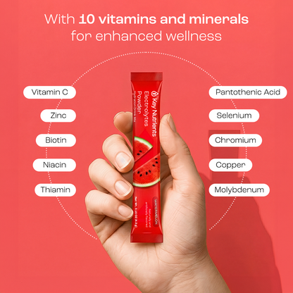 A hand holds Electrolyte Recovery Plus Powder (Sugar-Free) with 10 vitamins on a pink background.